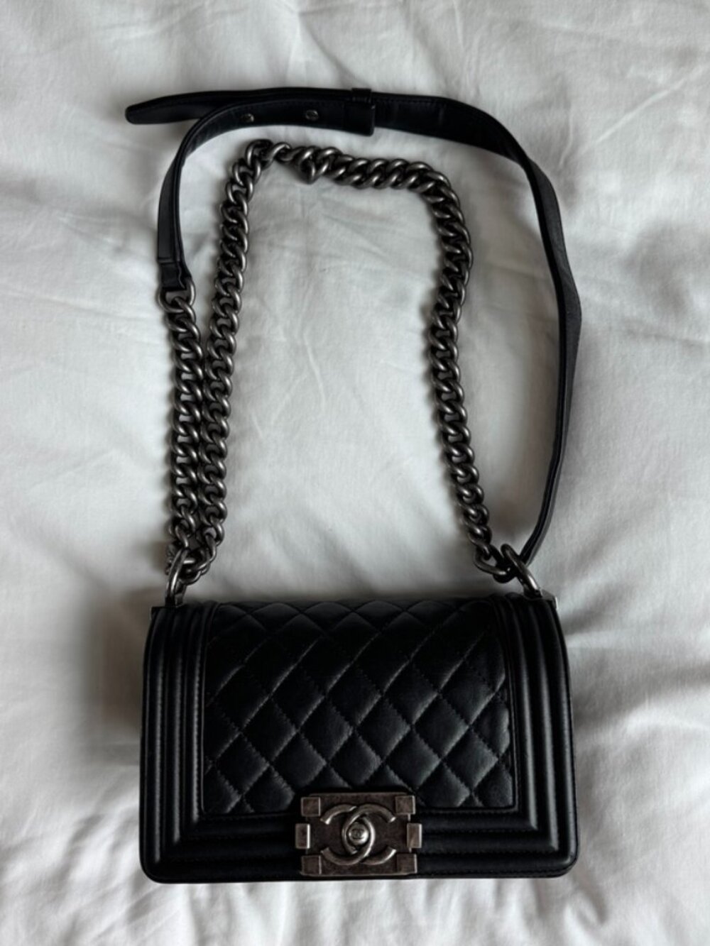 Authentic Chanel Small Boy Bag Ruthenium Black Lambskin